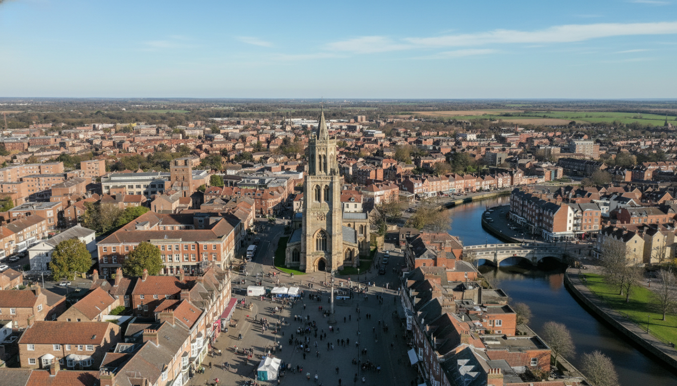 Boston, UK - aerial view showing the town center and local architecture