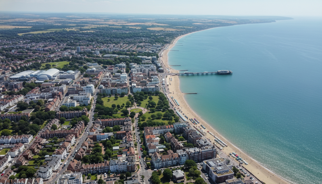 Bournemouth, UK - aerial view showing the town center and local architecture