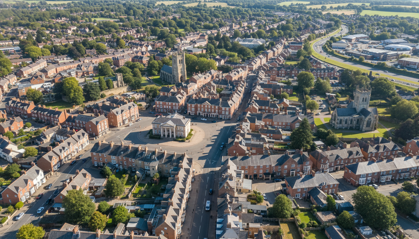 Brackley, UK - aerial view showing the town center and local architecture