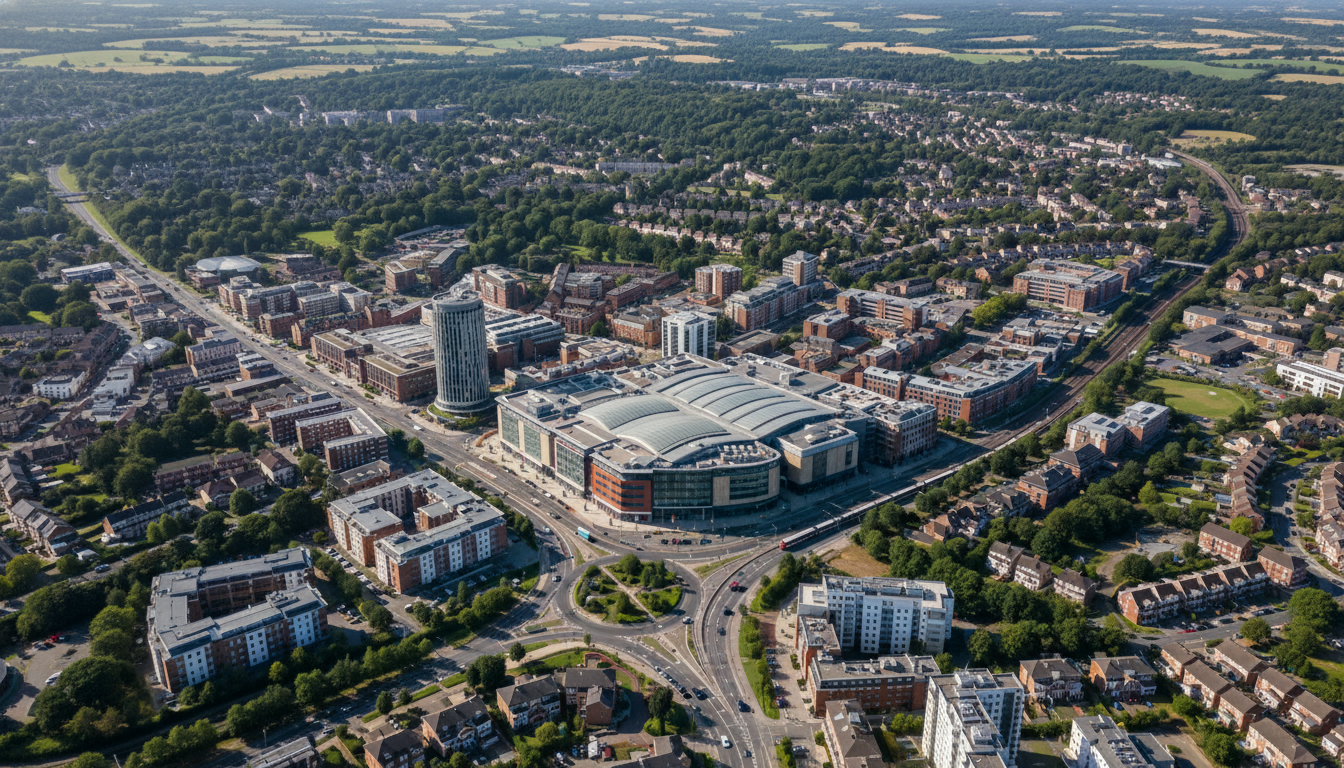 Bracknell, UK - aerial view showing the town center and local architecture