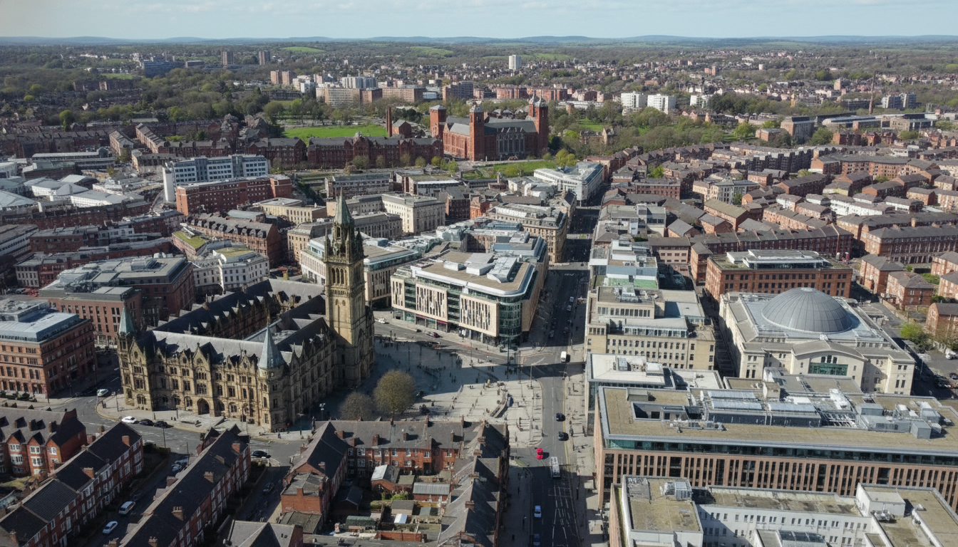 Bradford, UK - aerial view showing the town center and local architecture