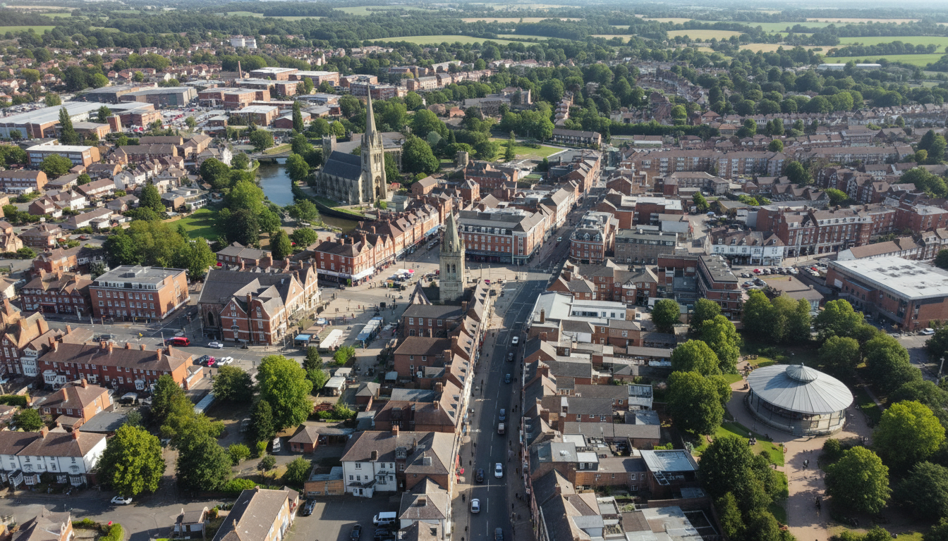 Braintree, UK - aerial view showing the town center and local architecture