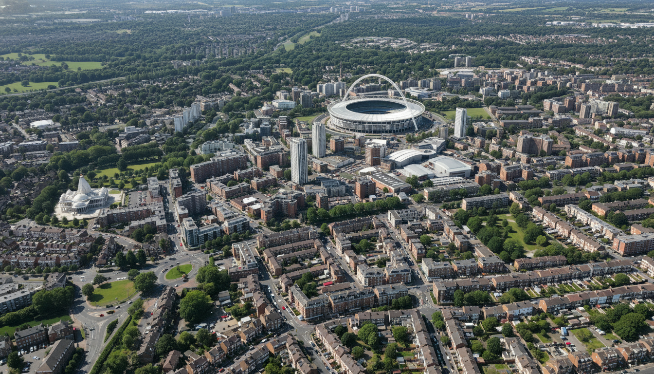 Brent, UK - aerial view showing the town center and local architecture