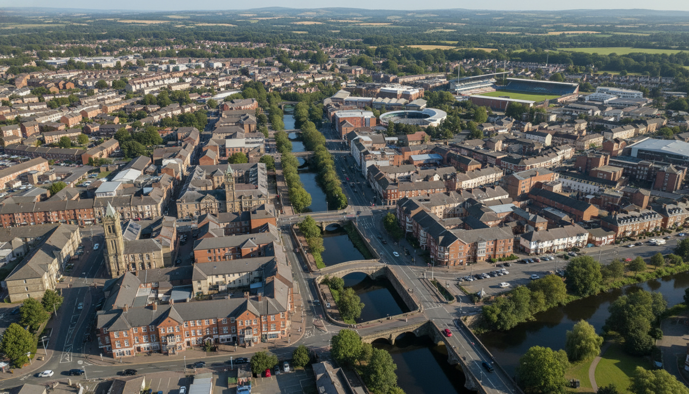 Bridgend, UK - aerial view showing the town center and local architecture