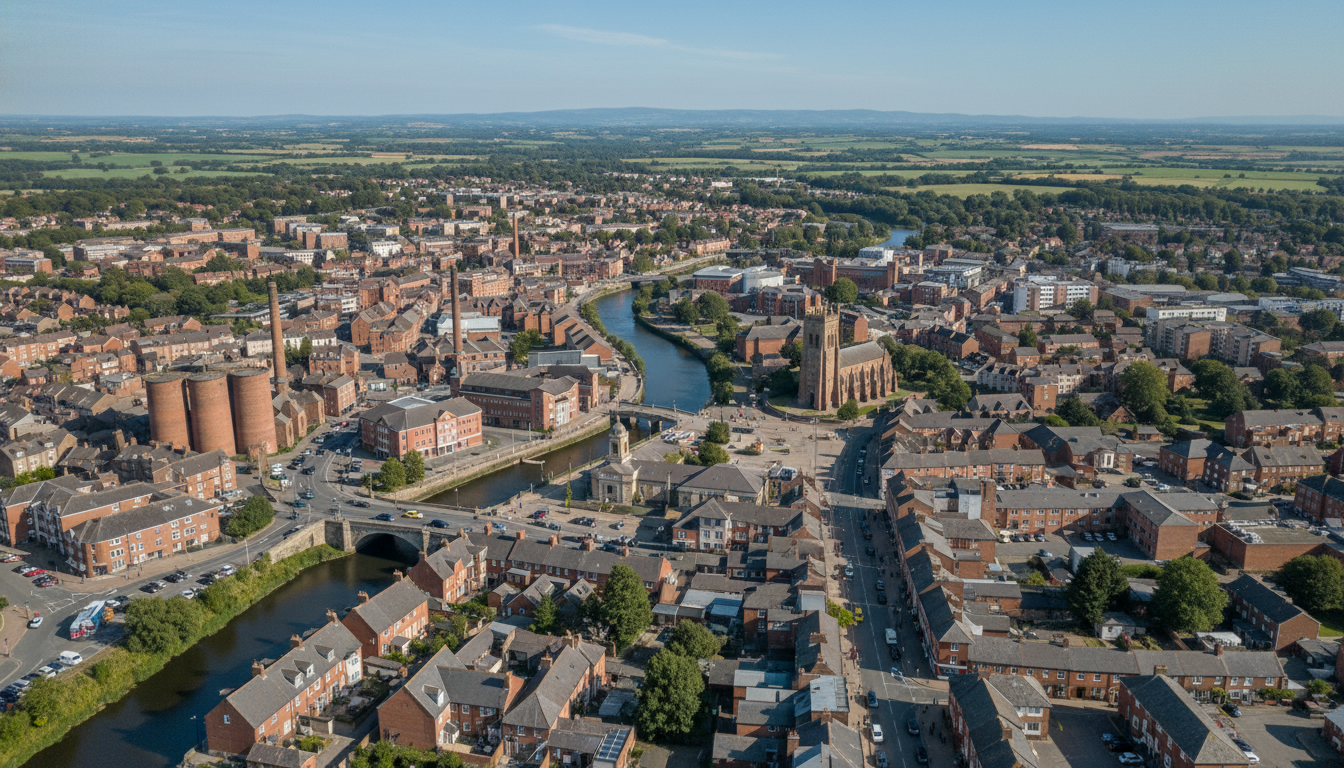 Bridgwater, UK - aerial view showing the town center and local architecture