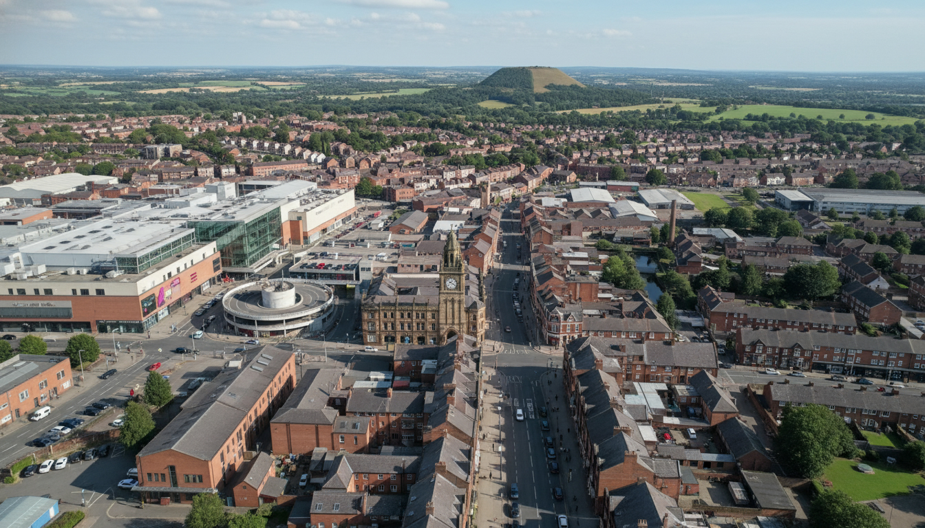 Brierley Hill, UK - aerial view showing the town center and local architecture