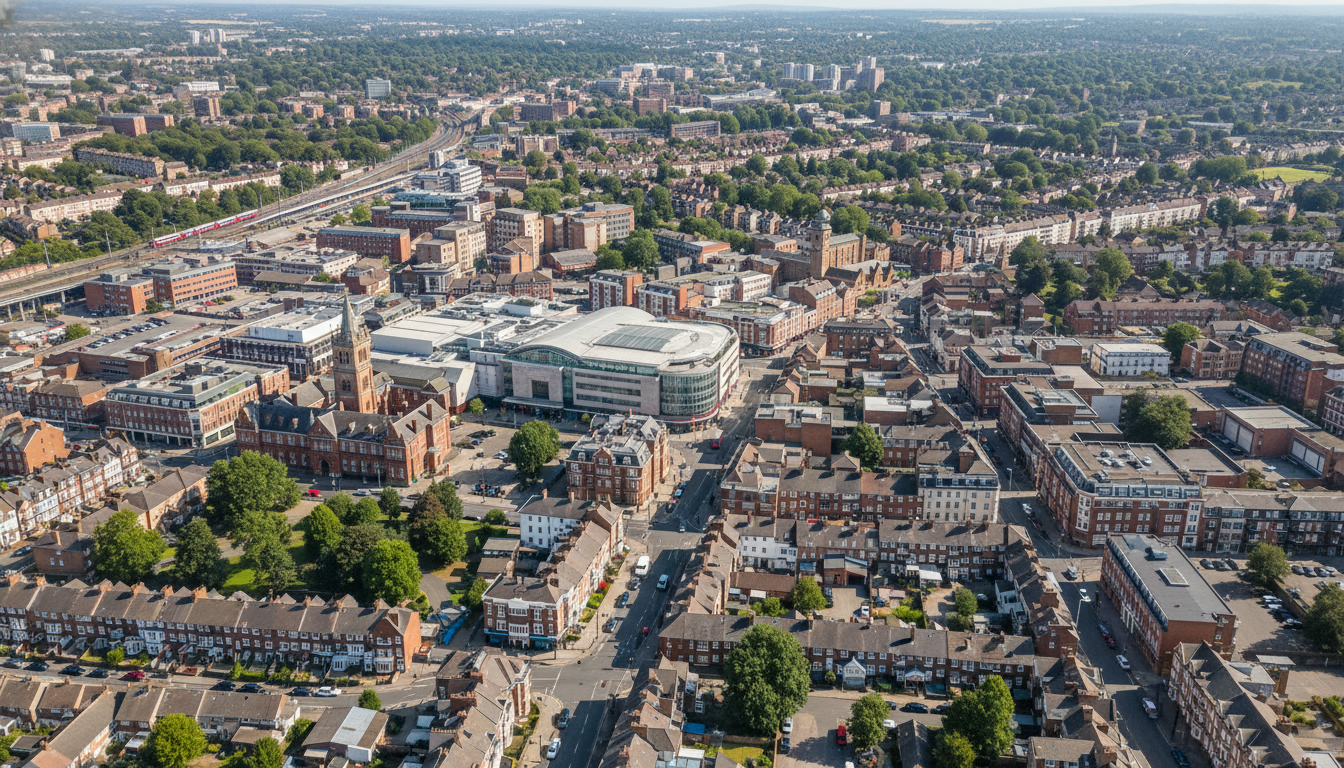 Bromley, UK - aerial view showing the town center and local architecture