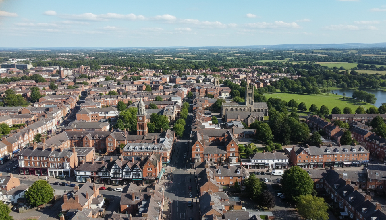 Bromsgrove, UK - aerial view showing the town center and local architecture