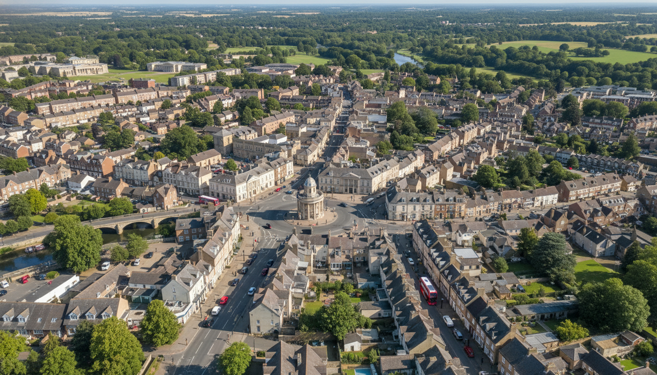 Buckingham, UK - aerial view showing the town center and local architecture