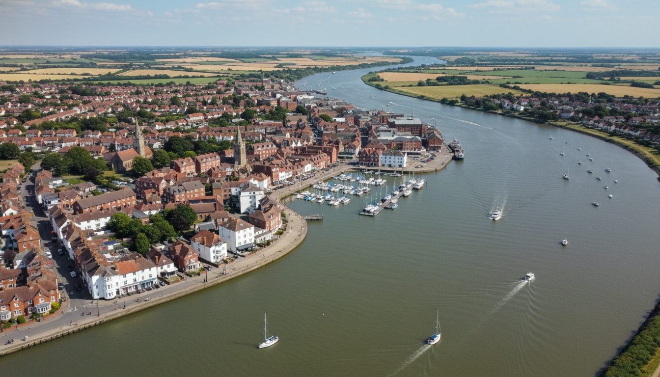 Burnham-on-Crouch, UK - aerial view showing the town center and local architecture