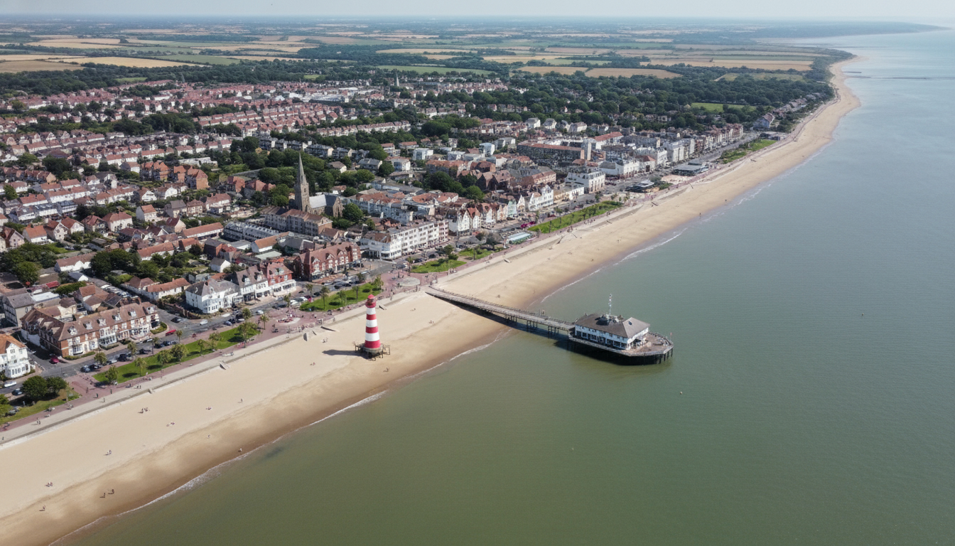 Burnham-on-Sea, UK - aerial view showing the town center and local architecture