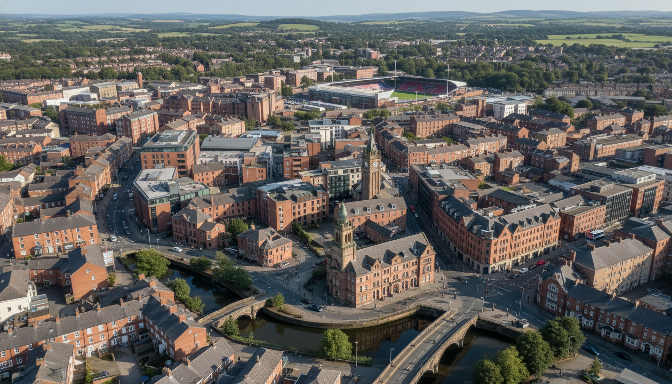 Burnley, UK - aerial view showing the town center and local architecture