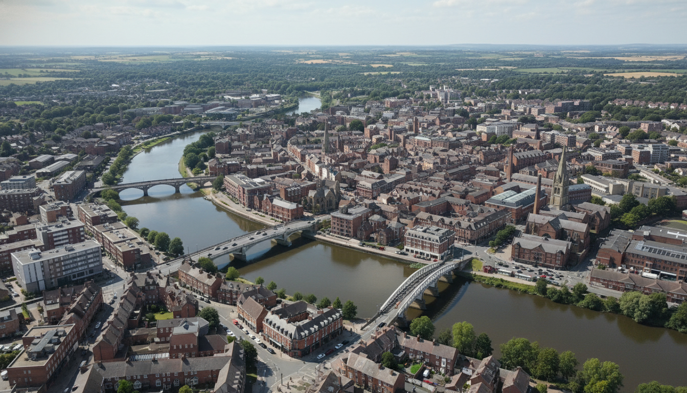 Burton upon Trent, UK - aerial view showing the town center and local architecture