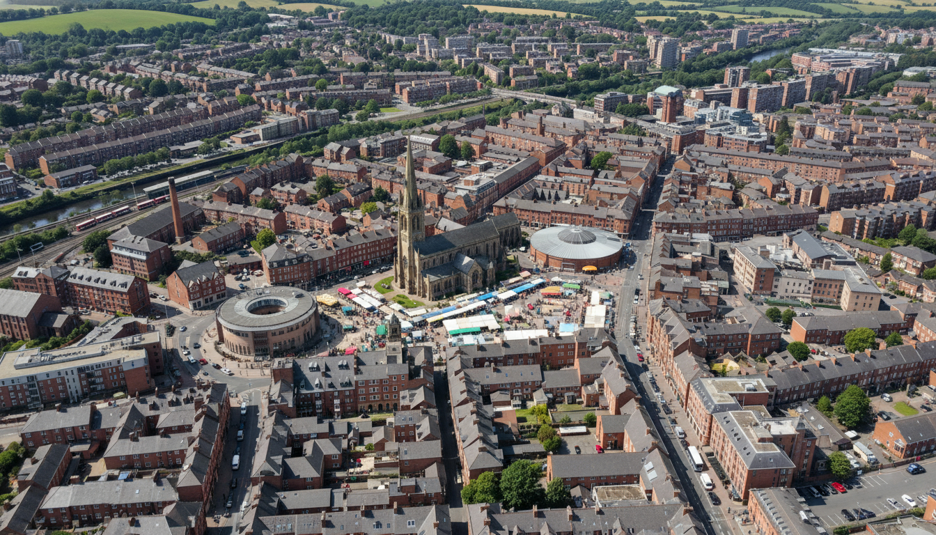 Bury, UK - aerial view showing the town center and local architecture