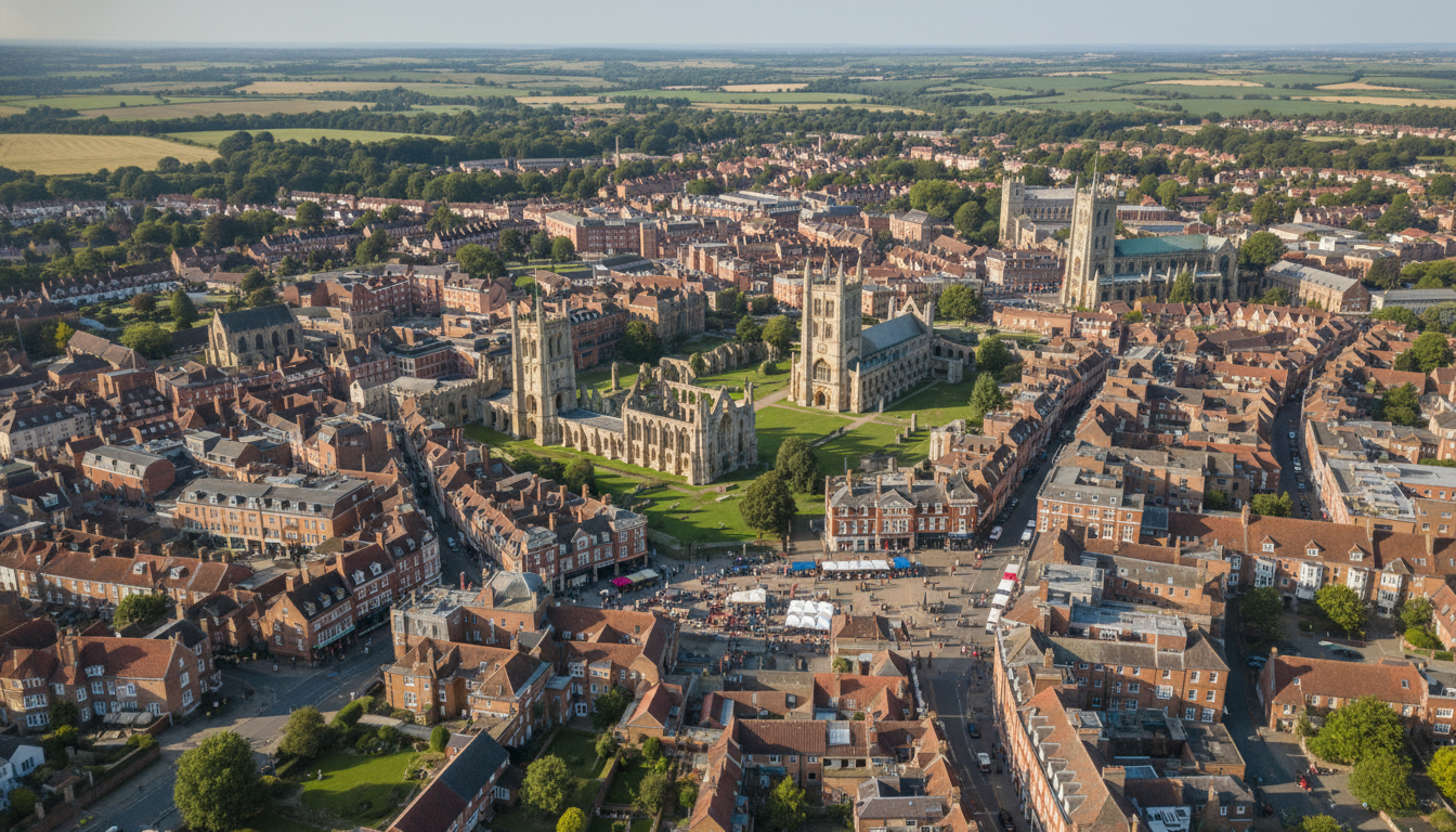 Bury St Edmunds, UK - aerial view showing the town center and local architecture