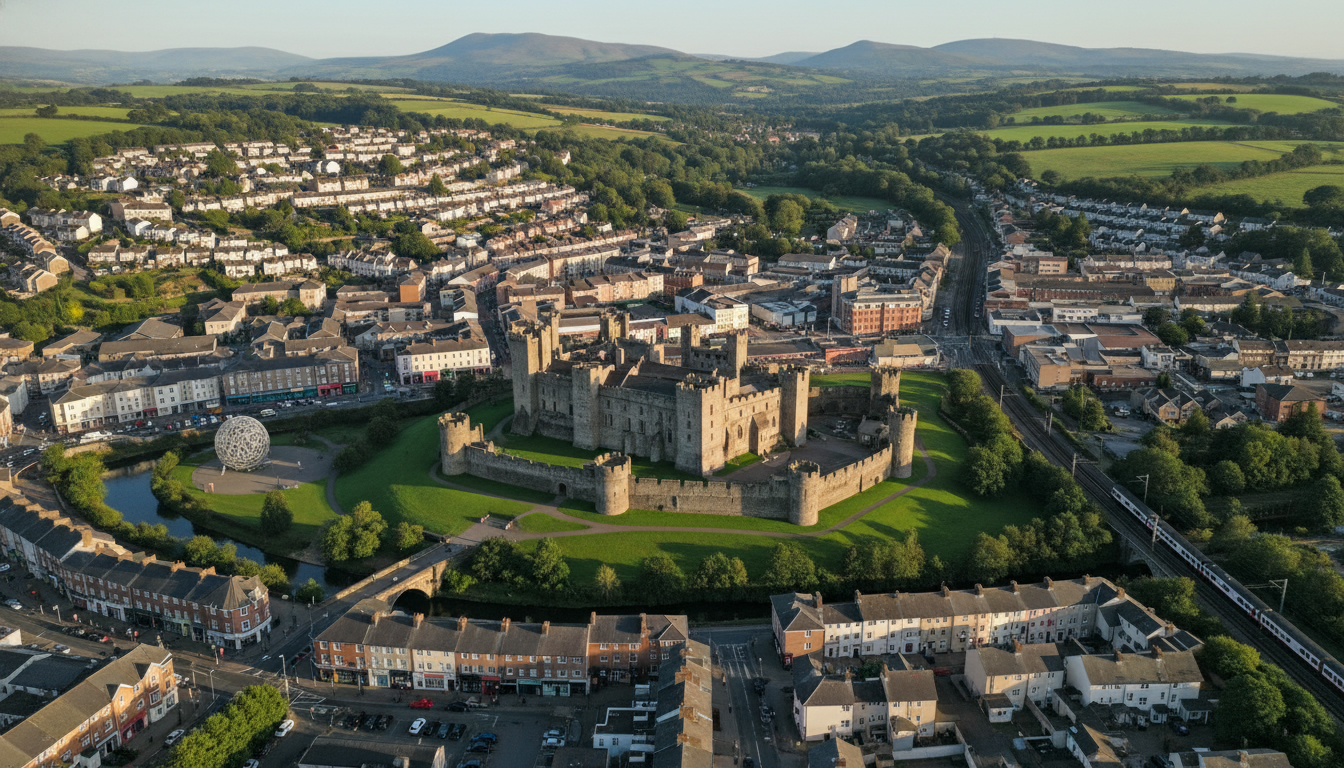 Caerphilly, UK - aerial view showing the town center and local architecture