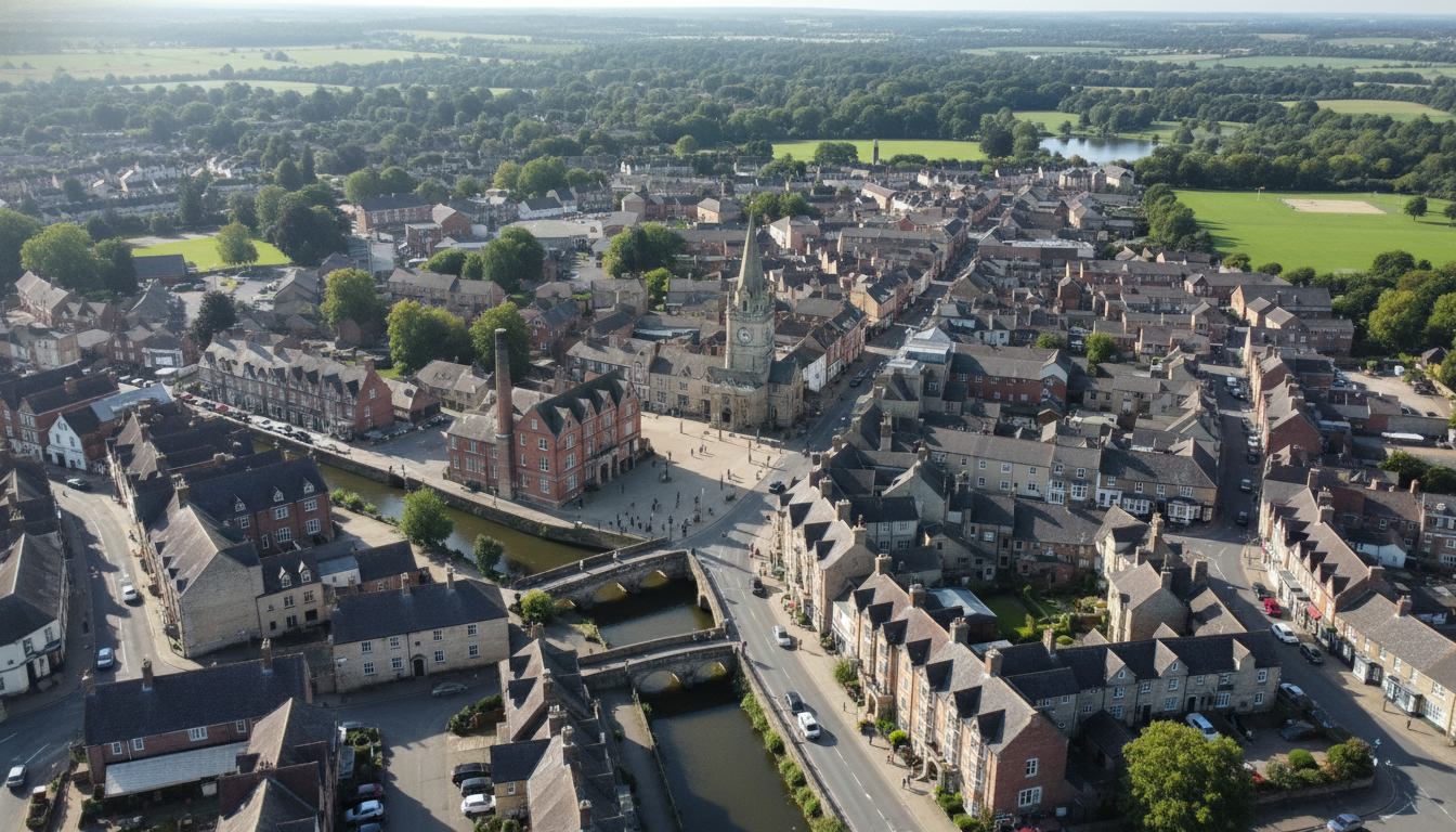 Calne, UK - aerial view showing the town center and local architecture