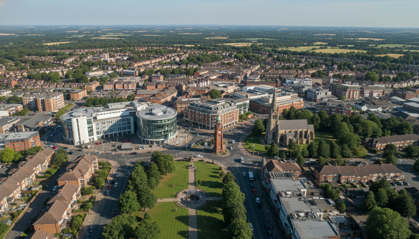 Camberley, UK - aerial view showing the town center and local architecture