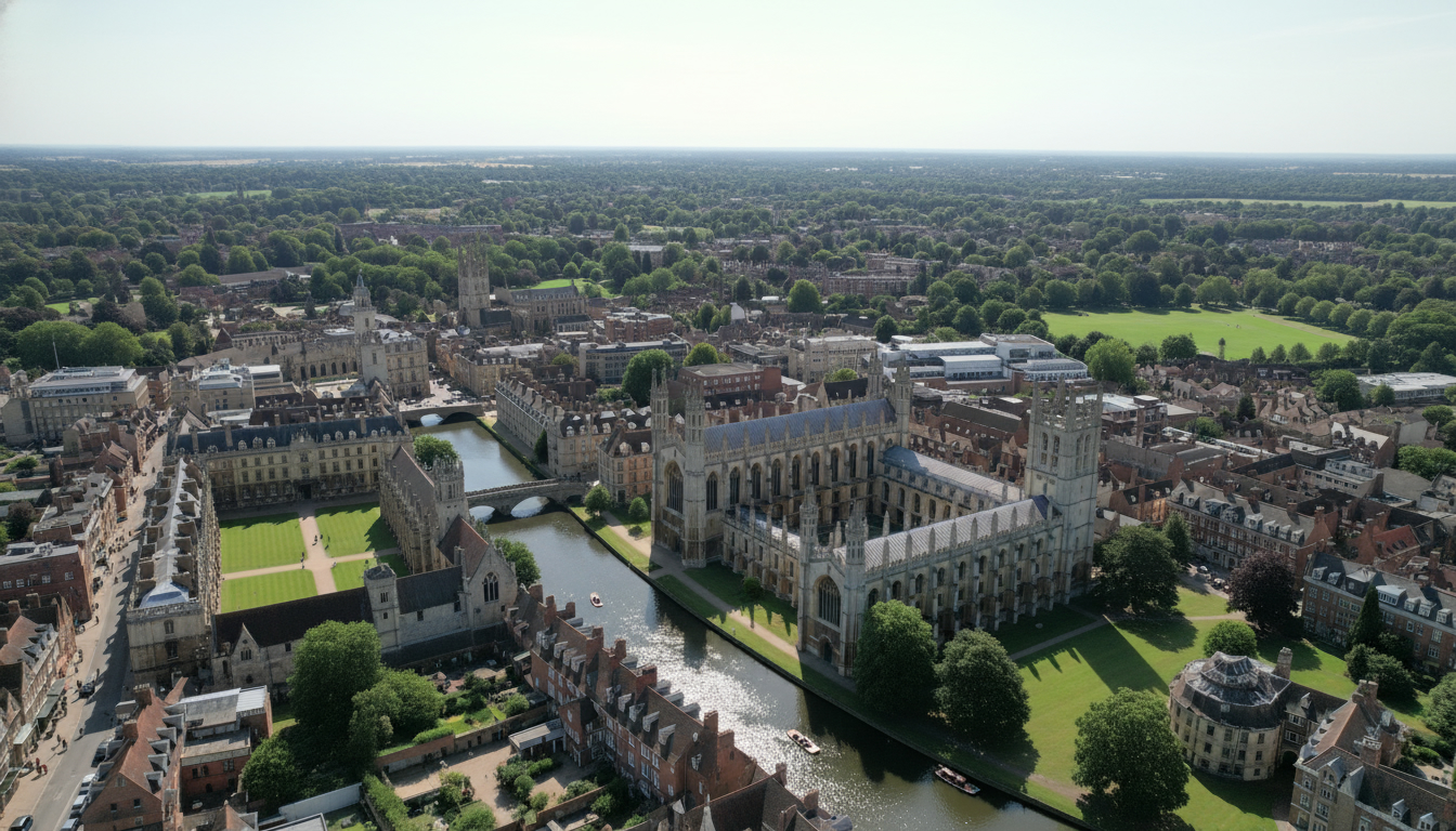 Cambridge, UK - aerial view showing the town center and local architecture