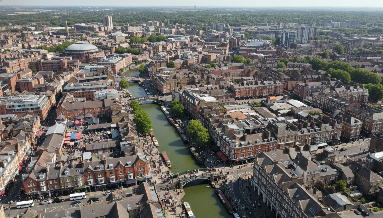 Camden, UK - aerial view showing the town center and local architecture