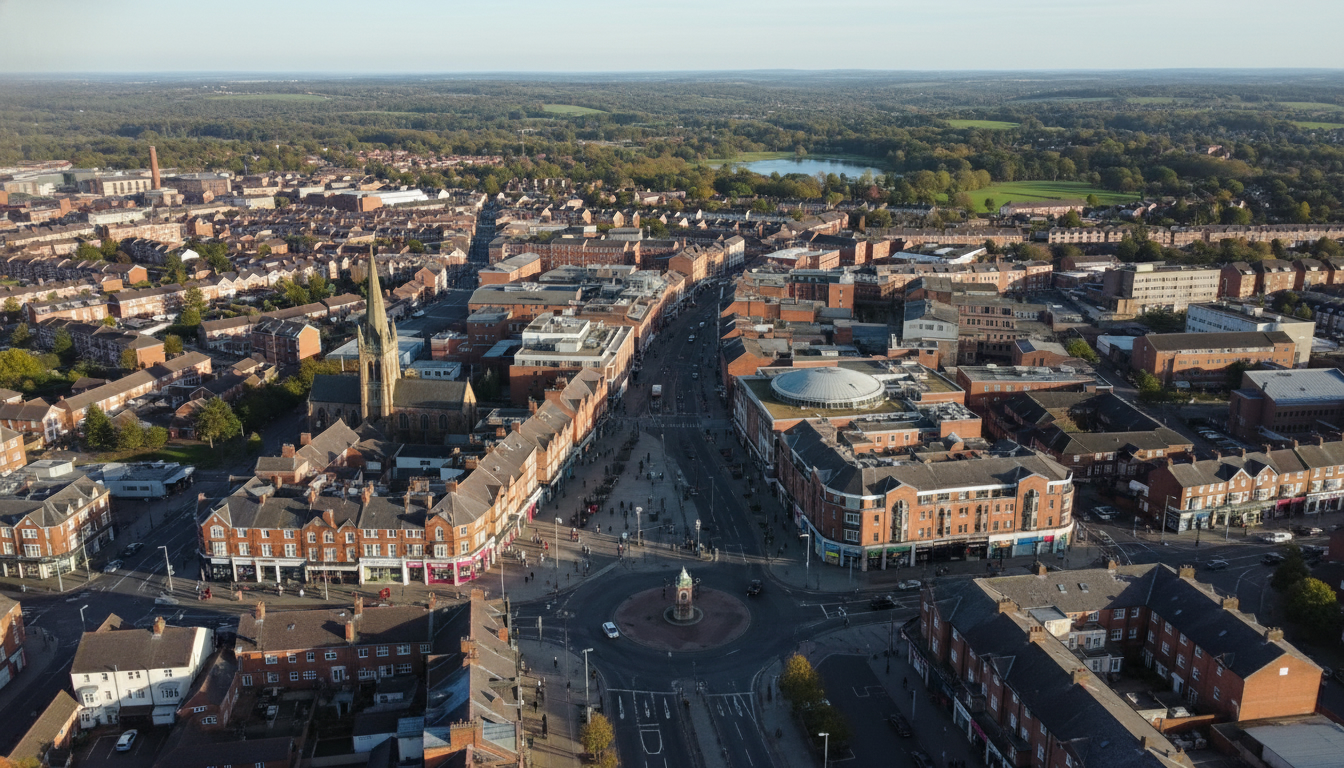 Cannock, UK - aerial view showing the town center and local architecture