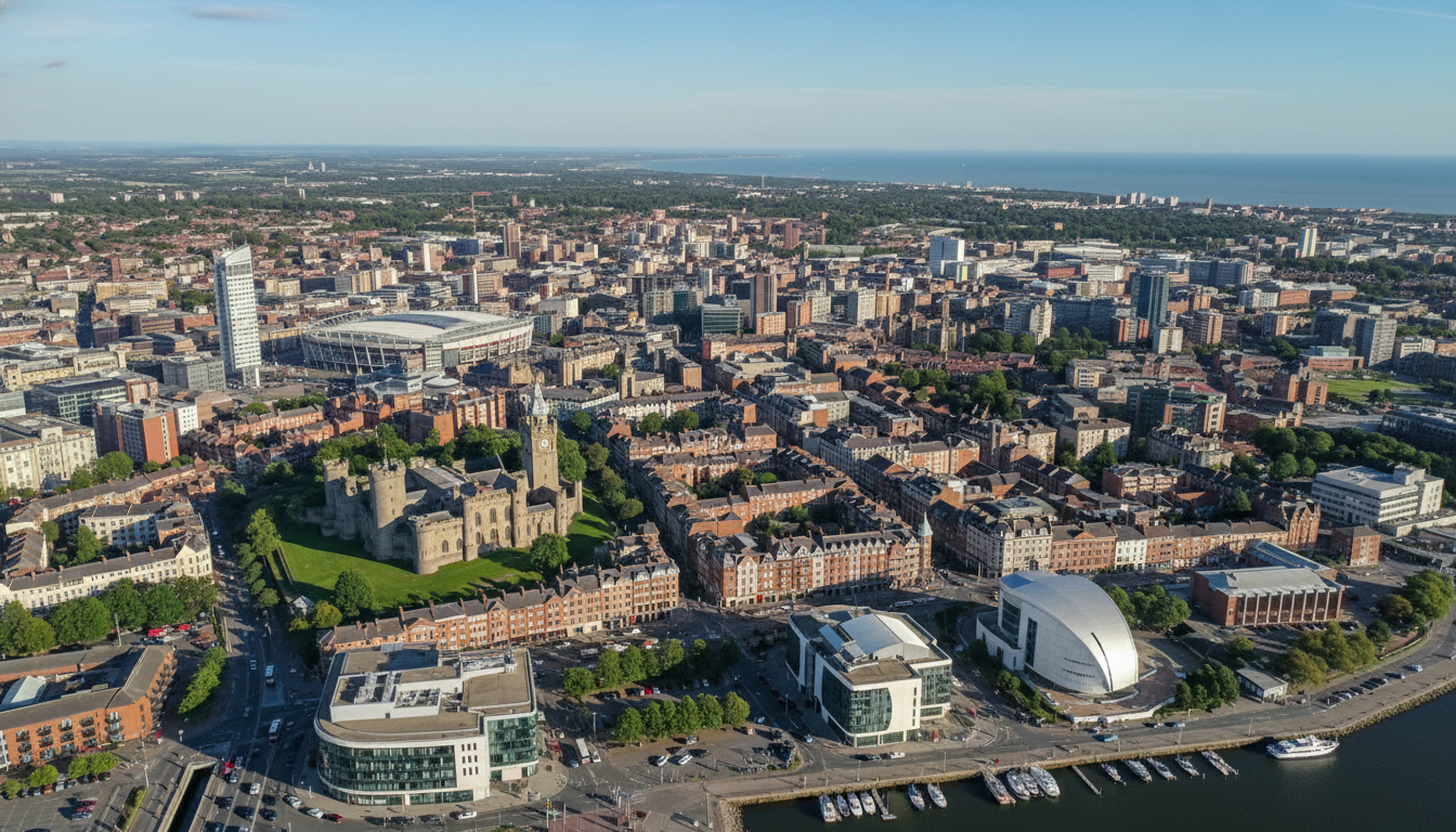 Cardiff, UK - aerial view showing the town center and local architecture