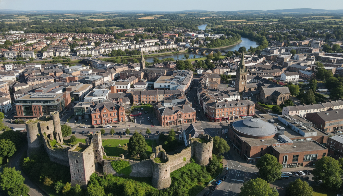 Carmarthen, UK - aerial view showing the town center and local architecture