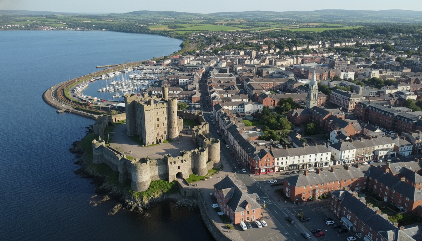 Carrickfergus, UK - aerial view showing the town center and local architecture