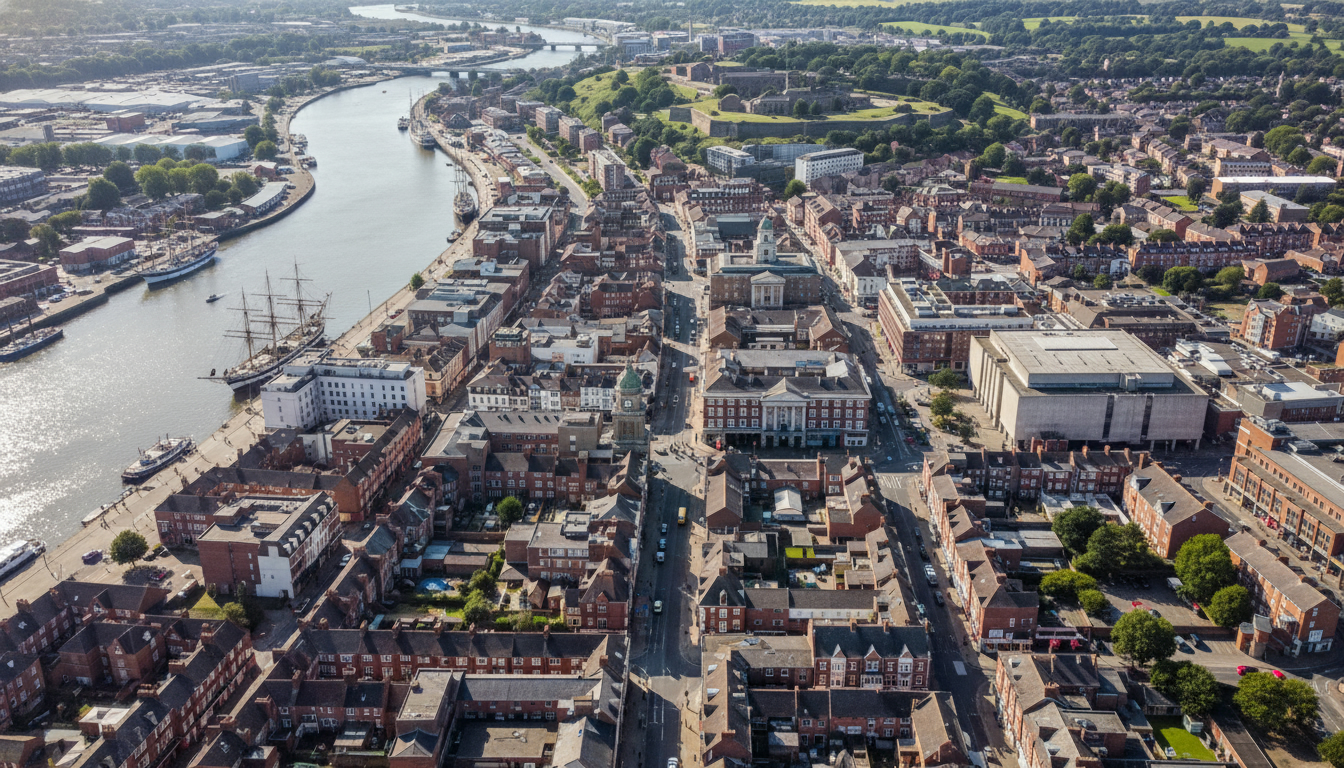 Chatham, UK - aerial view showing the town center and local architecture