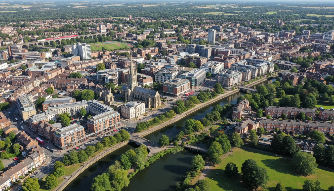 Chelmsford, UK - aerial view showing the town center and local architecture