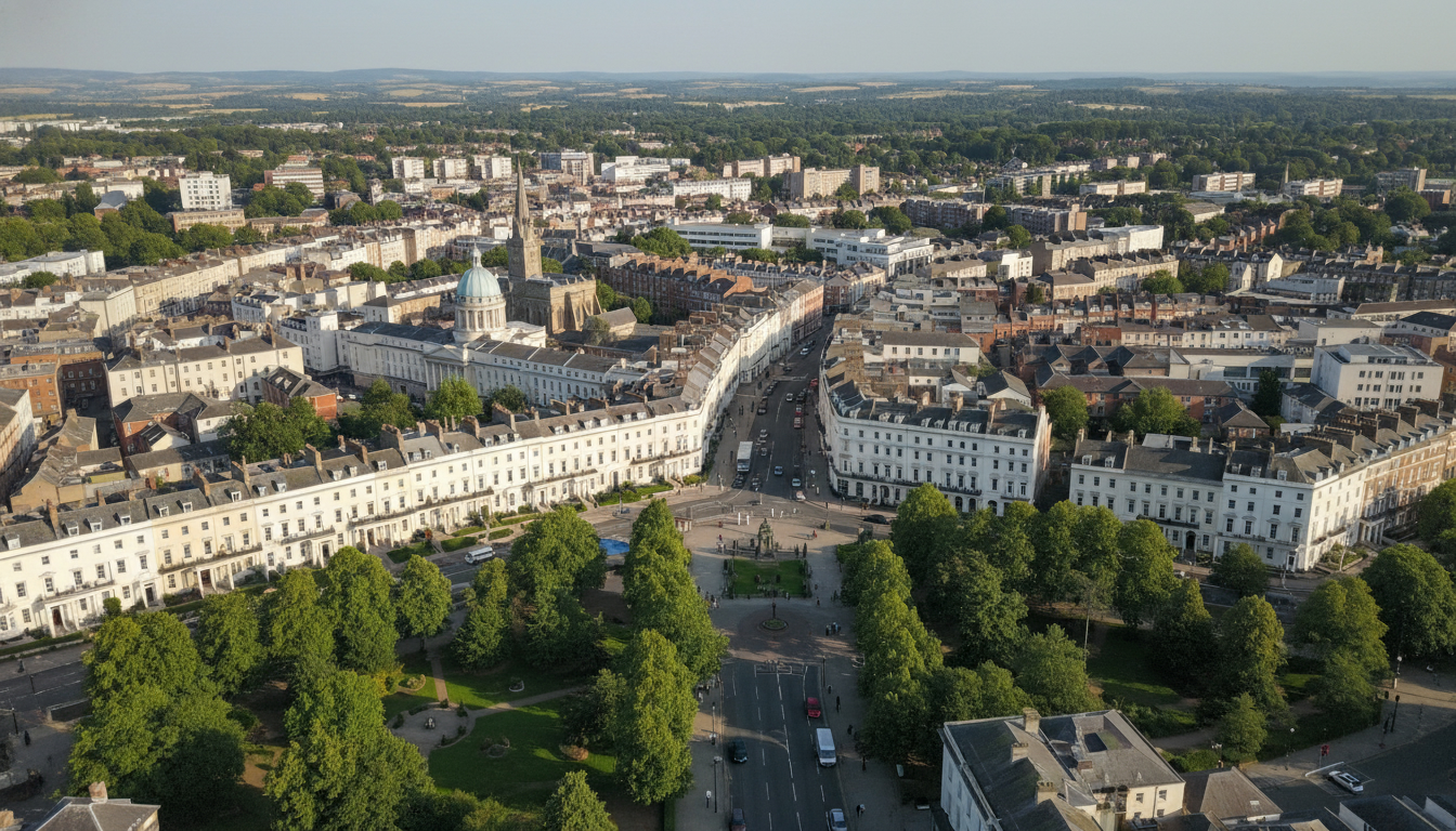 Cheltenham, UK - aerial view showing the town center and local architecture