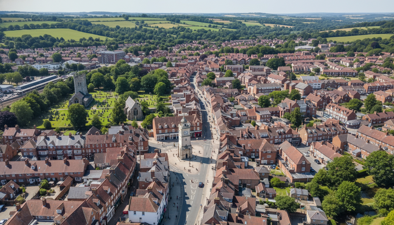 Chesham, UK - aerial view showing the town center and local architecture