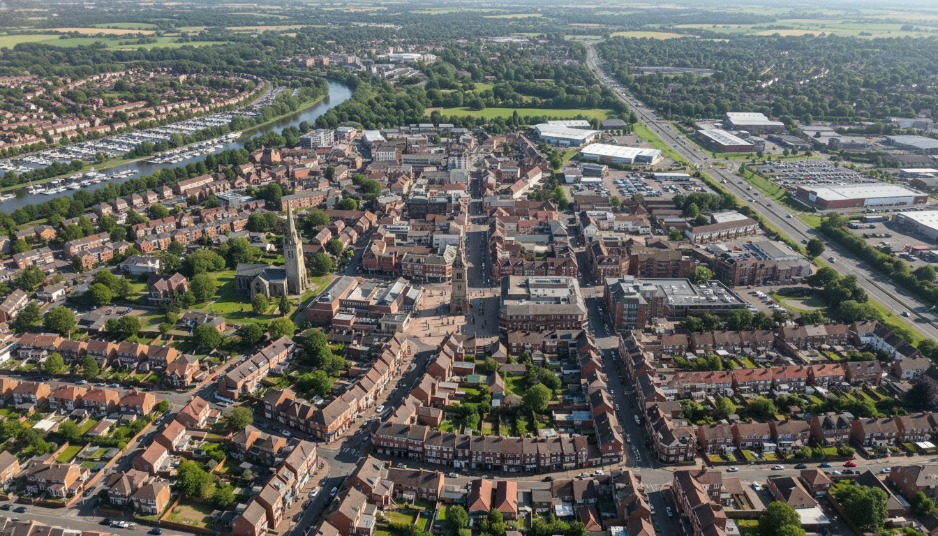 Cheshunt, UK - aerial view showing the town center and local architecture