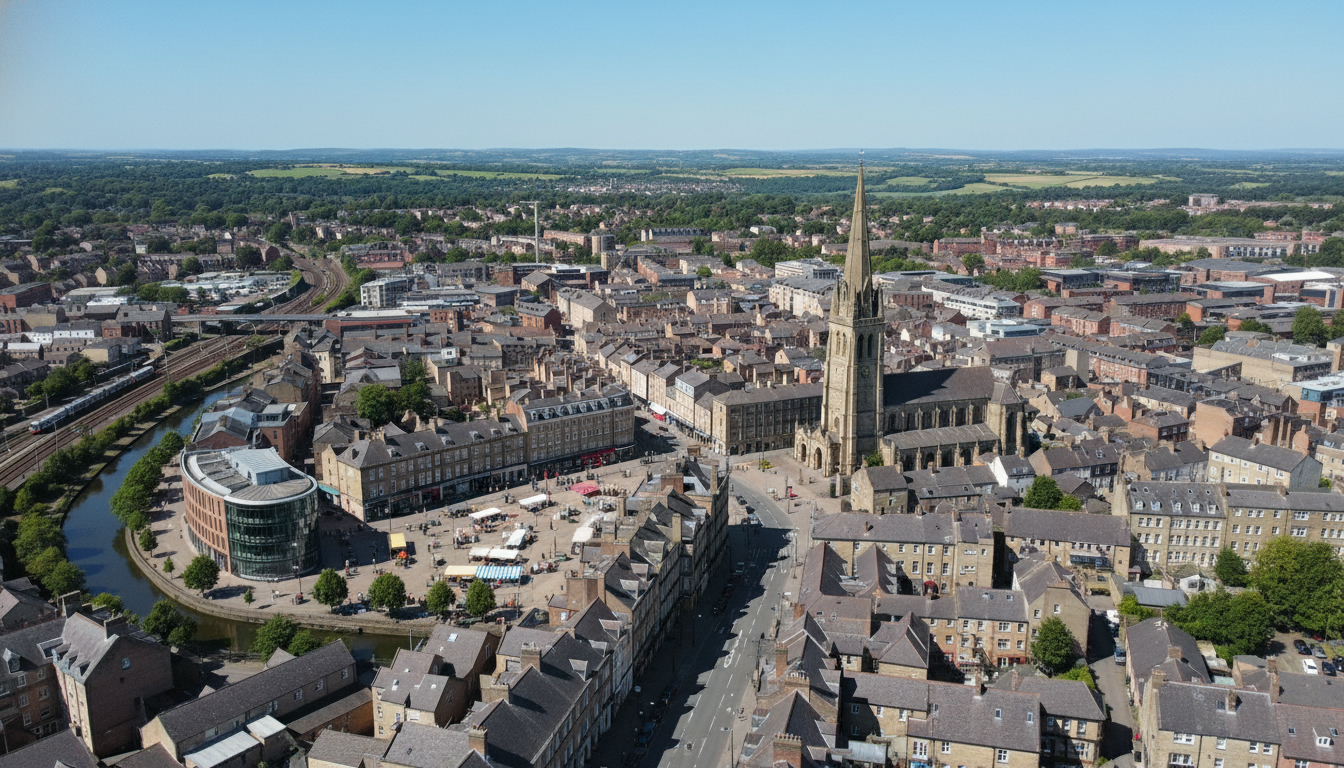Chesterfield, UK - aerial view showing the town center and local architecture