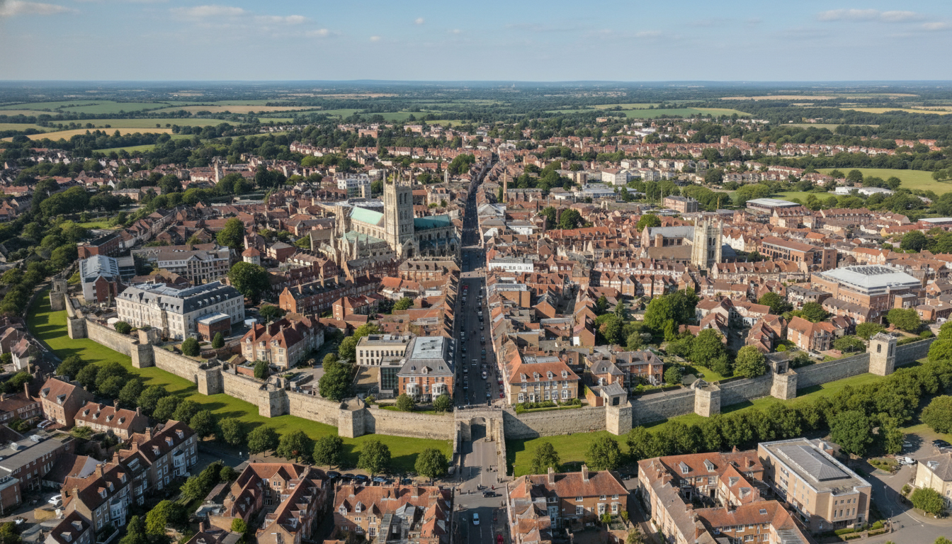 Chichester, UK - aerial view showing the town center and local architecture