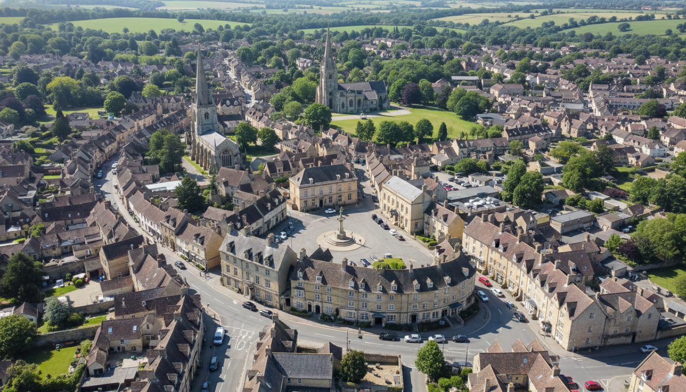 Chipping Norton, UK - aerial view showing the town center and local architecture