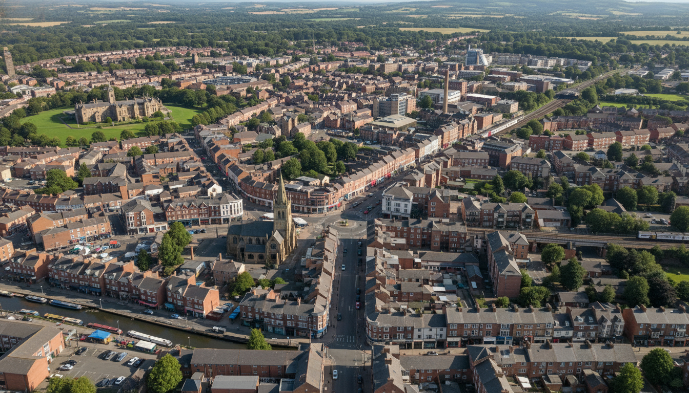 Chorley, UK - aerial view showing the town center and local architecture