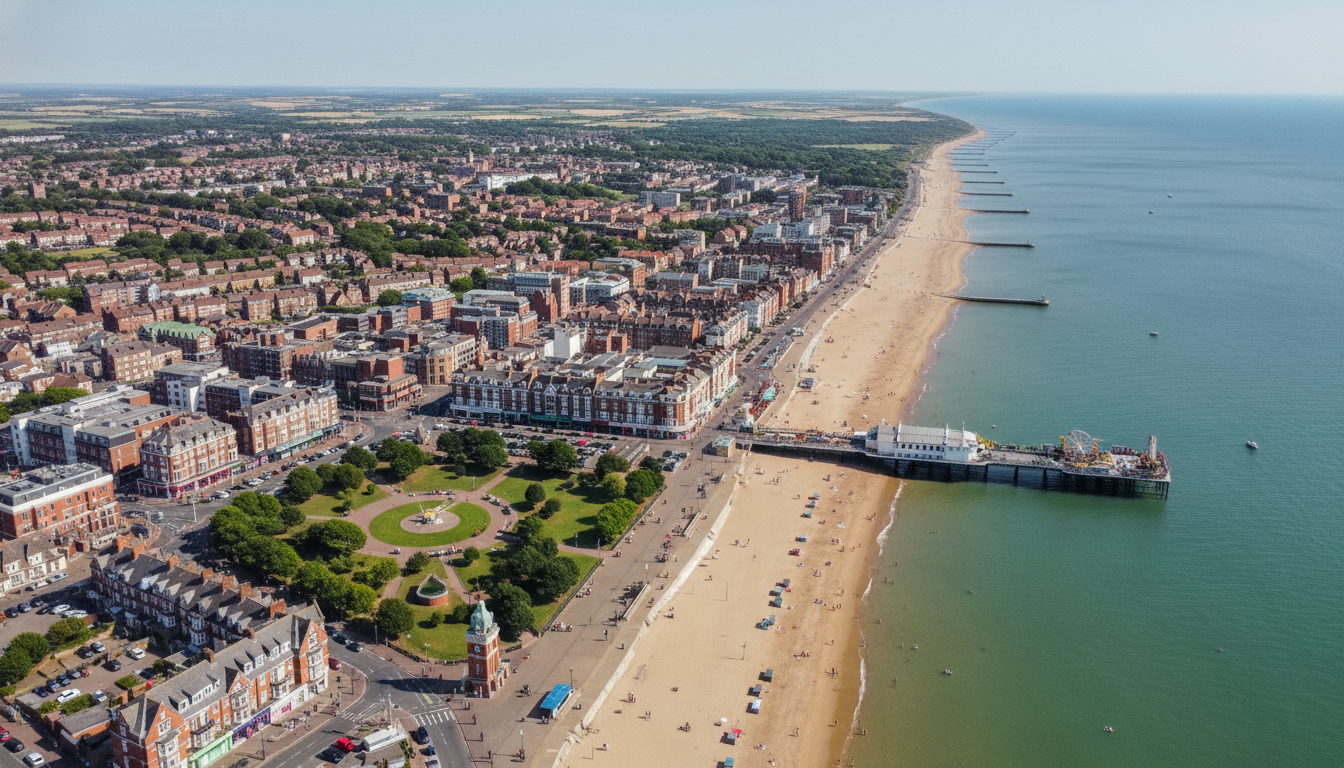 Clacton-on-Sea, UK - aerial view showing the town center and local architecture