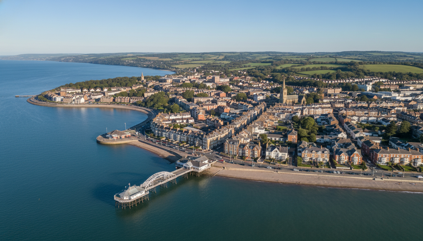 Clevedon, UK - aerial view showing the town center and local architecture