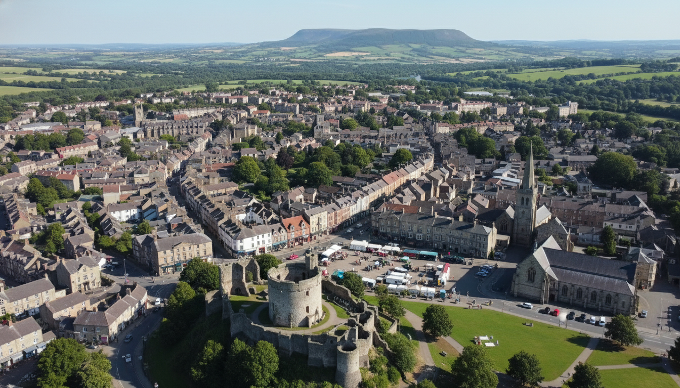Clitheroe, UK - aerial view showing the town center and local architecture