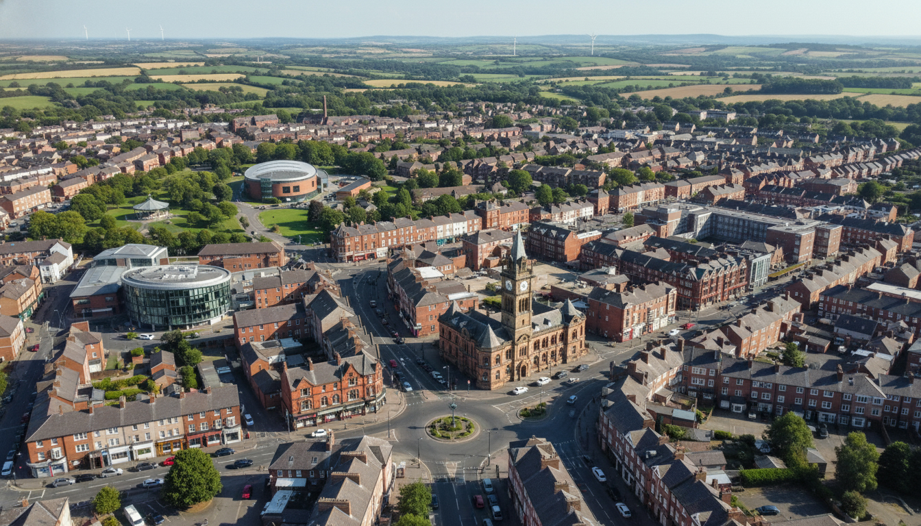 Coalville, UK - aerial view showing the town center and local architecture