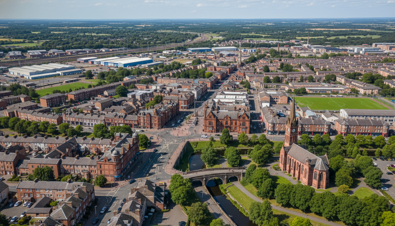 Coatbridge, UK - aerial view showing the town center and local architecture