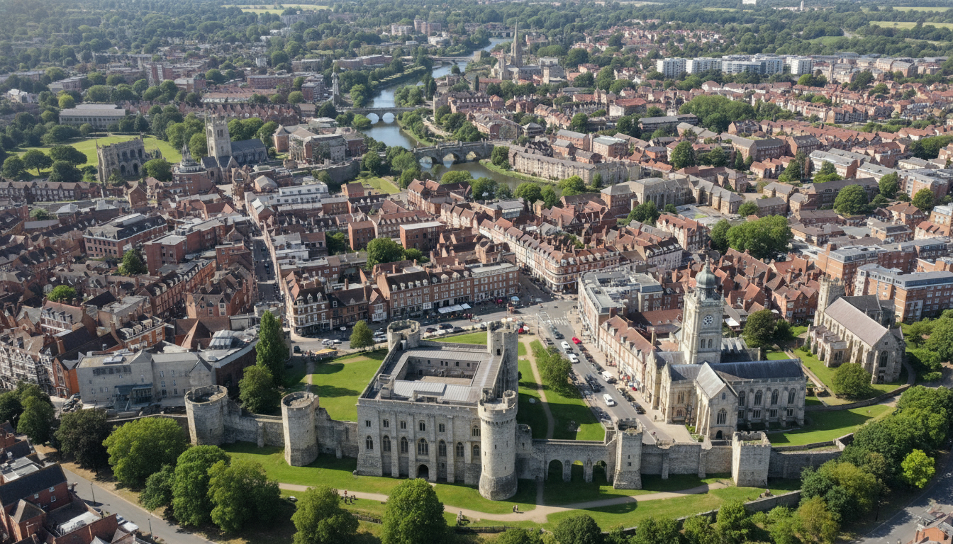 Colchester, UK - aerial view showing the town center and local architecture