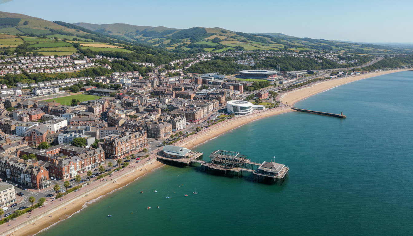 Colwyn Bay, UK - aerial view showing the town center and local architecture