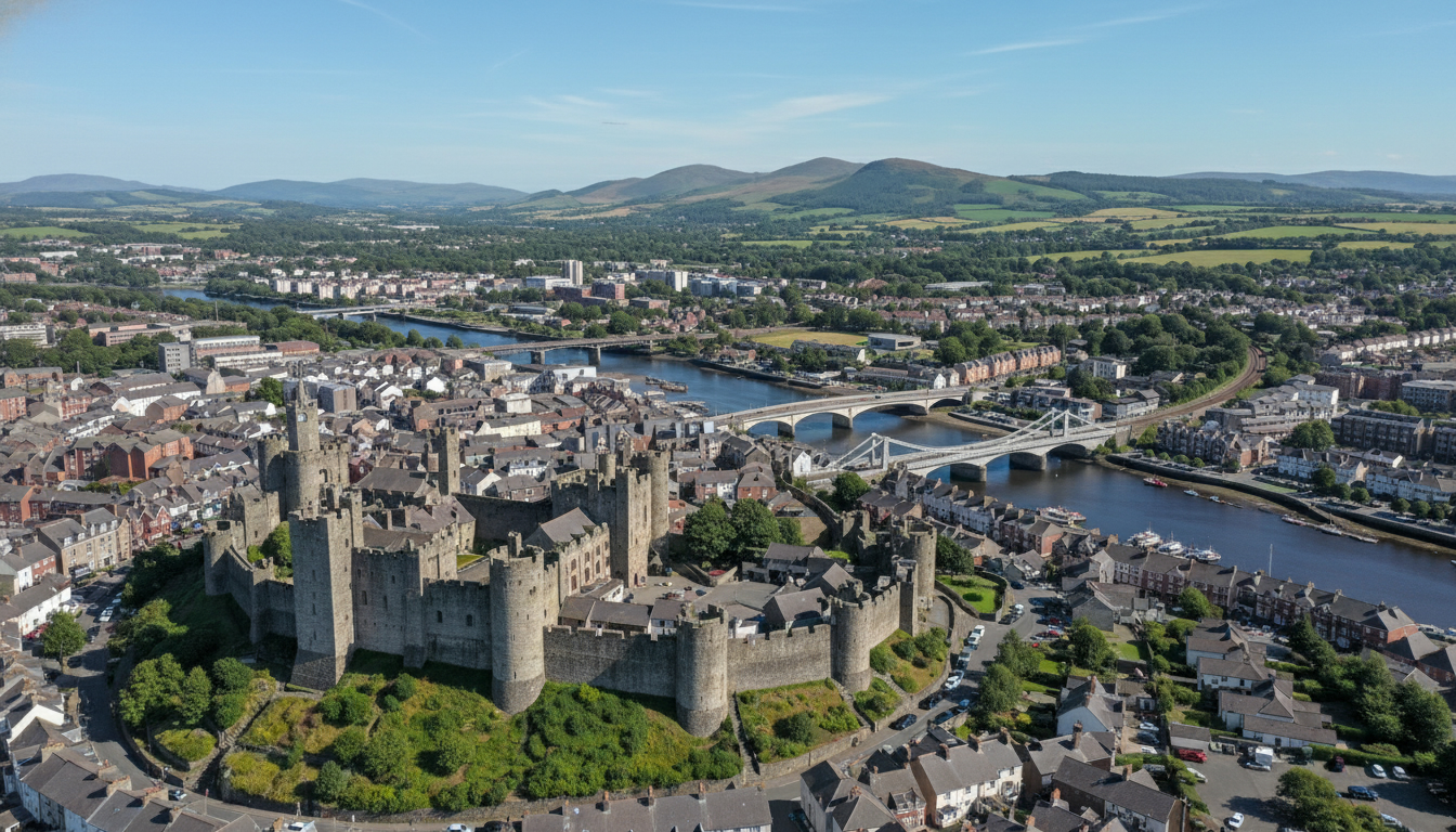 Conwy, UK - aerial view showing the town center and local architecture