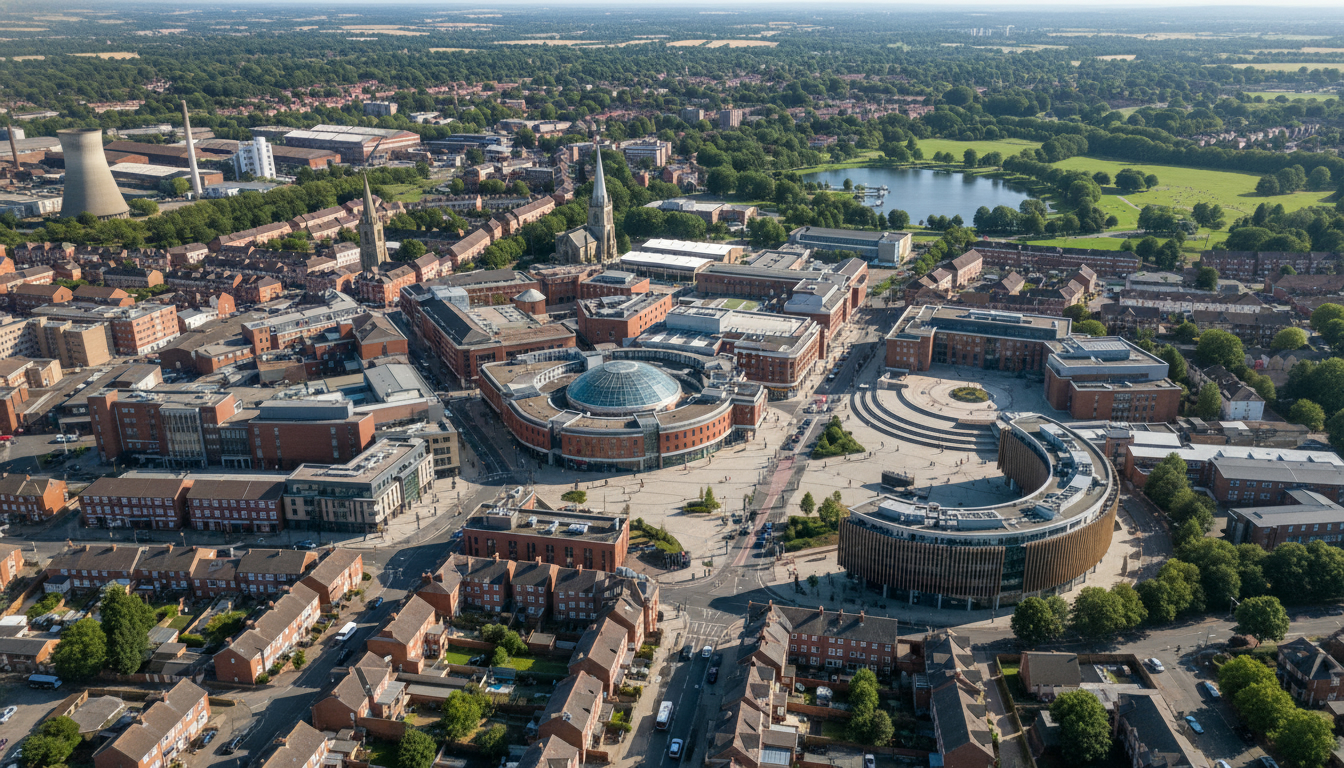 Corby, UK - aerial view showing the town center and local architecture