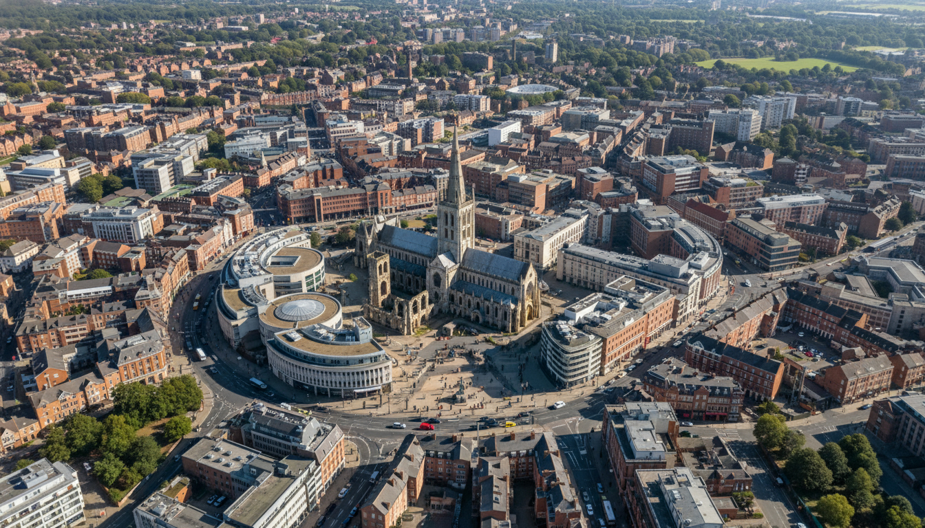 Coventry, UK - aerial view showing the town center and local architecture