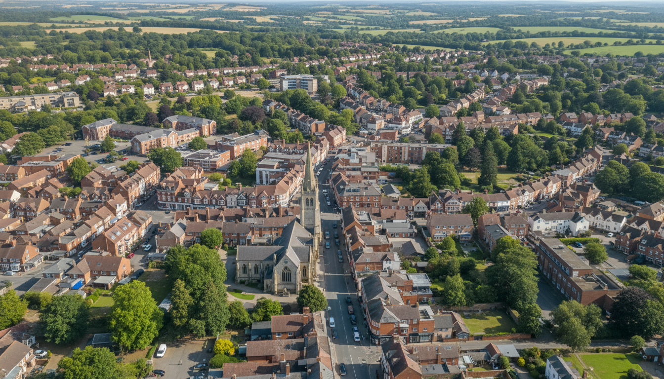 Cranleigh, UK - aerial view showing the town center and local architecture