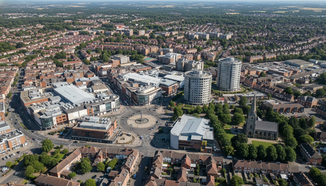 Crawley, UK - aerial view showing the town center and local architecture