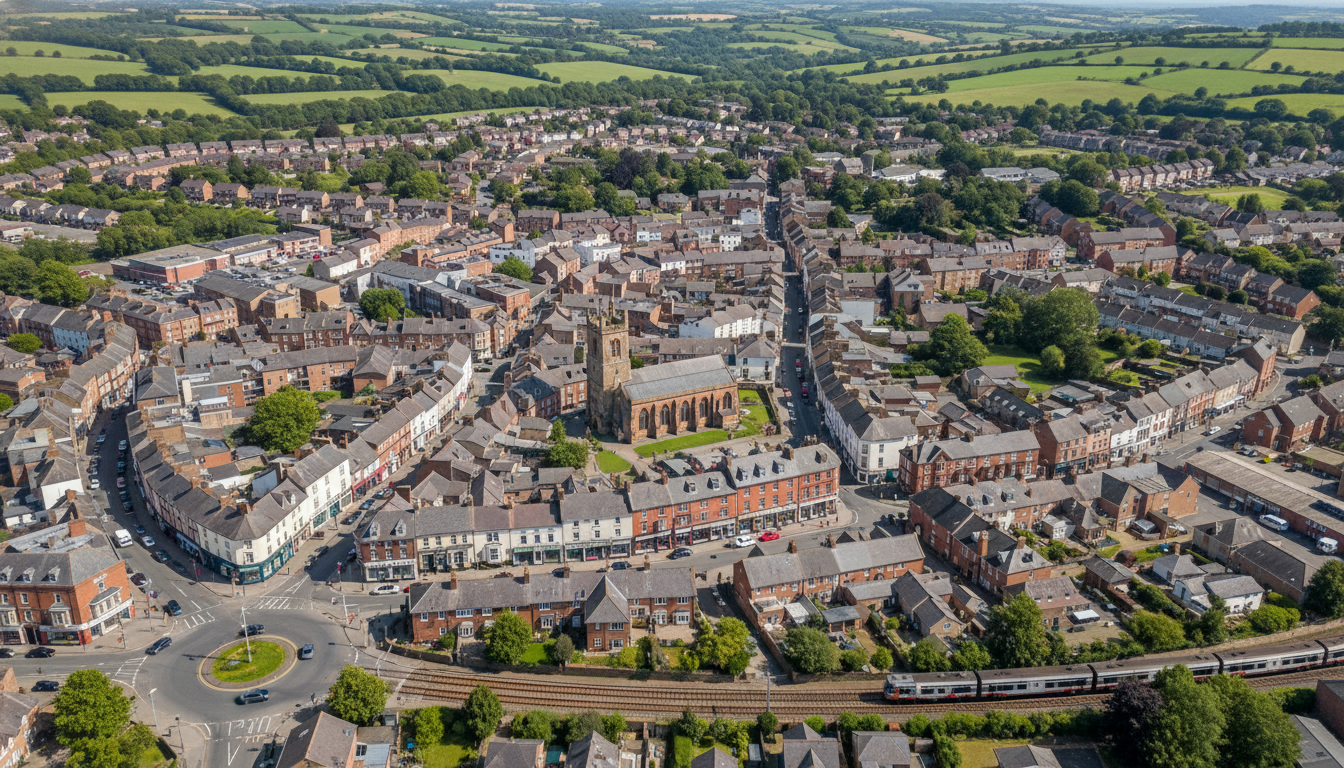 Crediton, UK - aerial view showing the town center and local architecture
